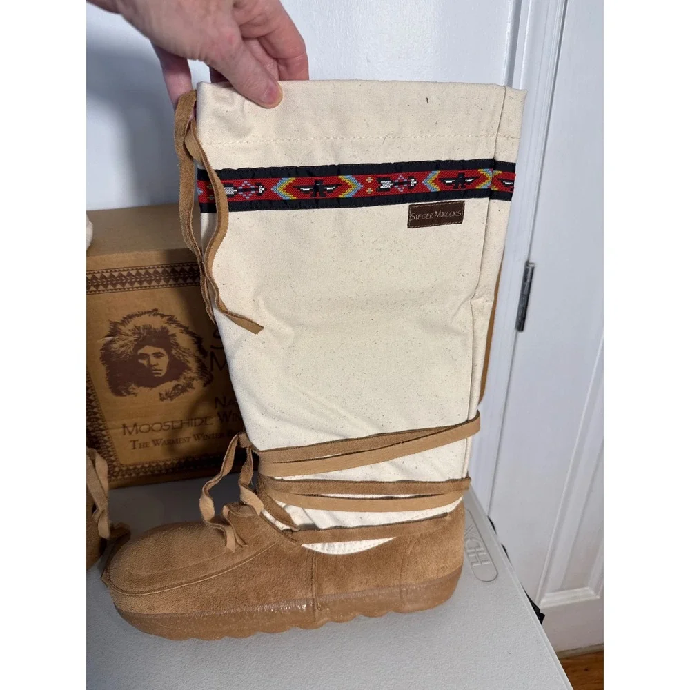 Steger Mukluks Native Styled Moosehide Winter Boot Tan Canvas Ribbon Laces Sz 12